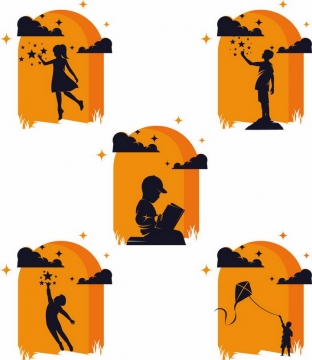 5款橙色背景看书看星星放风筝的孩子儿童剪影png图片免抠矢量素材