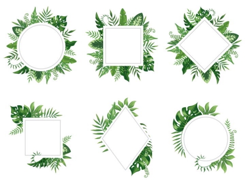 6款绿色树叶装饰的圆形正方形文本框图片免抠矢量图