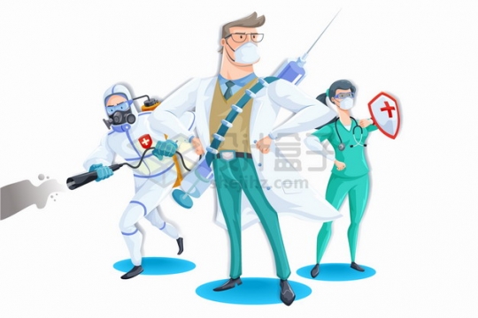 卡通医生化身超人背着针筒拿着消毒液杀灭新型冠状病毒png图片素材