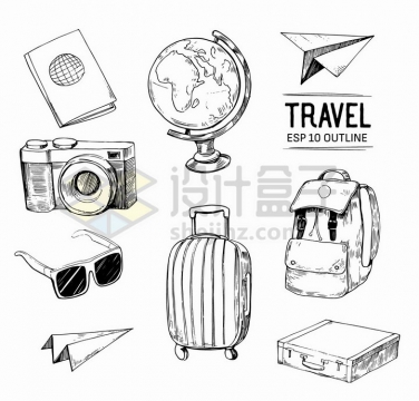 护照地球仪照相机纸飞机眼镜行李箱背包等旅游手绘素描插画png图片免抠矢量素材