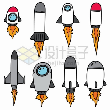 8款卡通小火箭手绘简笔画png图片免抠矢量素材