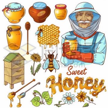 老农民和玻璃罐子中的蜂蜜以及蜜蜂蜂房等776918免抠矢量图片素材