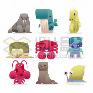 卡通海豹鲸鱼海马乌龟螃蟹章鱼龙虾海狮蜗牛919423png矢量图片素材