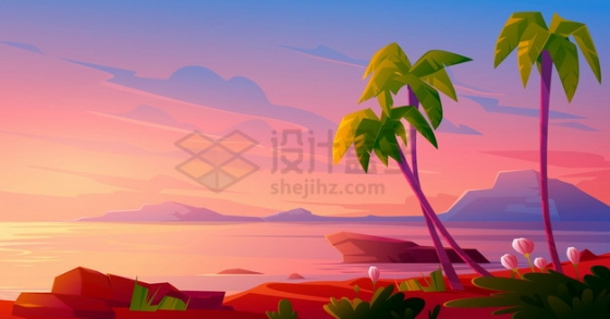 晚霞的海湾大海和椰子树卡通风景png图片素材