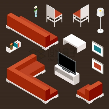 2.5D风格红棕色沙发椅子电视柜等家具png图片免抠矢量素材