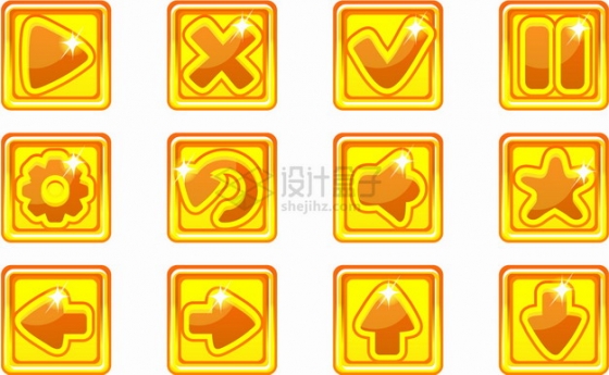 12款方框黄色播放停止按钮方向键对号错号水晶按钮png图片素材