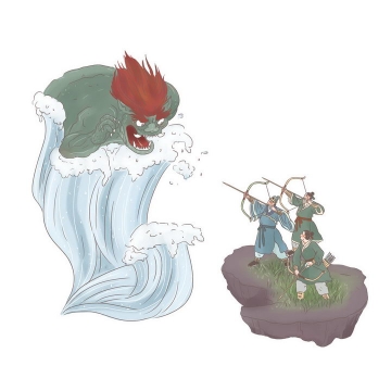 钱王射潮中国传统神话人物传说故事手绘彩色插图图片免抠png素材
