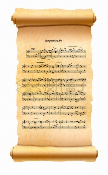展开的复古羊皮纸草纸卷轴上的音乐乐谱png图片素材