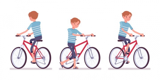 3款正在骑自行车的条纹T恤卡通男孩图片免抠矢量素材