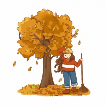 秋天变黄的大树和树下打扫落叶的卡通女孩png图片素材