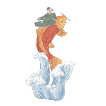 琴高控鲤升天中国传统神话人物传说故事手绘彩色插图图片免抠png素材