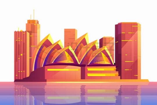 红色的悉尼歌剧院城市天际线高楼大厦建筑插画png图片素材