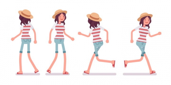 4款正在散步奔跑的条纹T恤卡通女孩图片免抠矢量素材