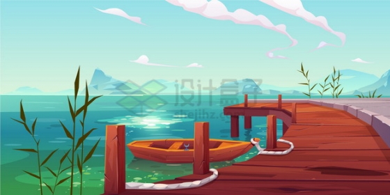 平静的海湾大海和木头码头小木船风景漫画插画png图片素材