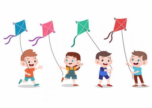 4个放风筝的卡通小朋友png图片免抠矢量素材