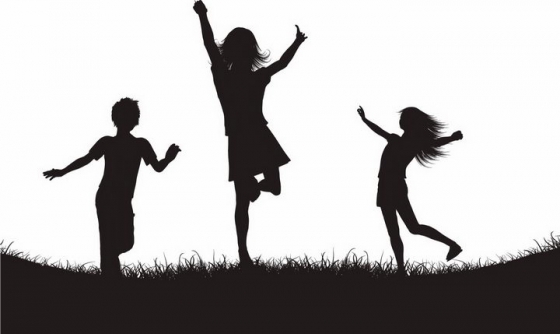 在草地上兴奋得跳起来的三个快乐小孩儿童人物剪影png图片免抠矢量素材