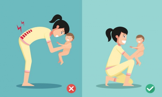 卡通女人下蹲弯腰抱小孩的正确和错误姿势图片免抠素材