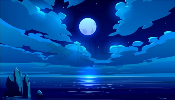 蓝色的月亮和大海风景漫画插画png图片素材