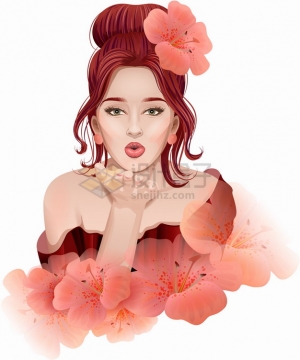 美丽的女孩和红色的鲜花彩绘插画png图片素材