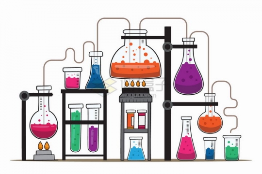 各种化学实验仪器串联在一起手绘插画png图片免抠矢量素材