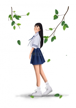 彩绘风格微笑的水手服校服青春美少女站在树下png图片免抠素材