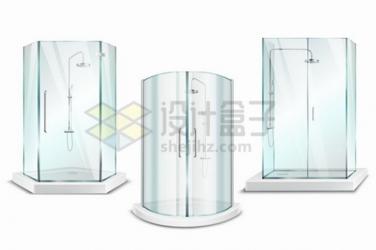 3款不同形状的玻璃淋浴间png图片免抠矢量素材