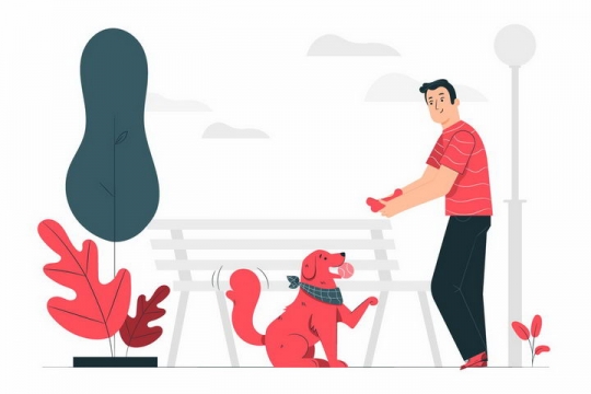 扁平插画风格在公园遛狗和狗狗玩耍的男人png图片免抠矢量素材