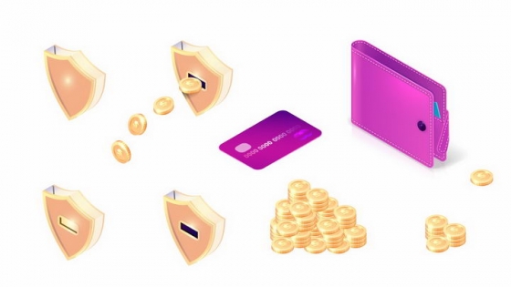 3D风格金色防护盾金币银行卡钱包等金融元素png图片免抠矢量素材