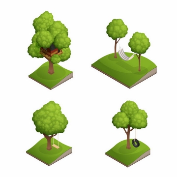 4款2.5D风格草坪上的大树和树屋秋千png图片免抠矢量素材