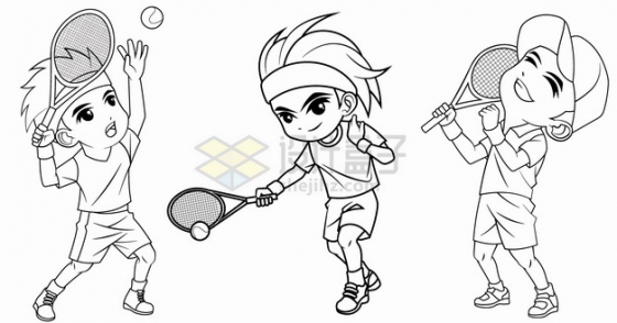 3个打网球的卡通男孩手绘线条插画png图片素材