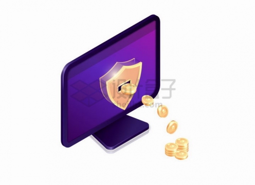 3D风格紫色电脑显示器中吐出的金币象征了网络支付png图片免抠矢量素材