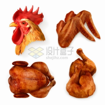 逼真的鸡头鸡翅烧鸡烤鸡和鸡大腿美味美食png图片素材