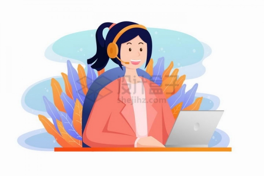 卡通女孩戴着耳麦坐在电脑跟前客服电话png图片免抠矢量素材