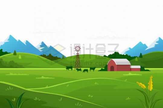 远处的大山近处的草原田野农村乡村风景插画png图片素材