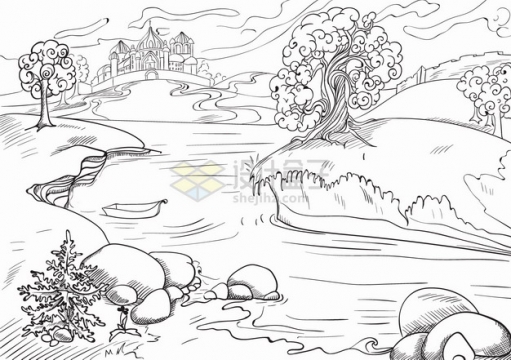 河流石头和大树风景手绘线条素描插画png图片素材