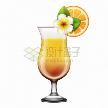 一杯橙汁和玻璃杯上的白花与橙子png图片素材