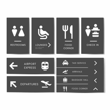 深灰色背景公共厕所候机室餐饮行李托运地铁登机口等机场服务标志指示牌png图片免抠矢量素材