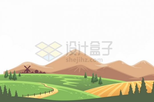 远处的高山近处的草场草原田野农村乡村风景插画png图片素材