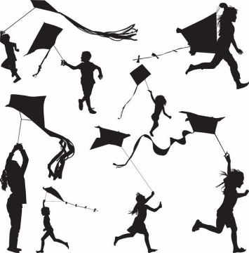 各种放风筝玩耍的小孩儿童剪影png图片免抠矢量素材