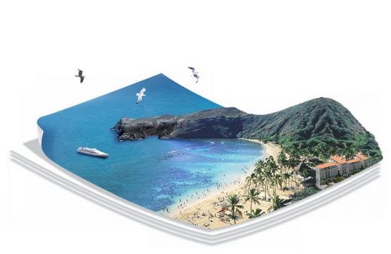 3D立体风格海边浴场海滩沙滩和蔚蓝色大海旅游风景区421719png图片素材