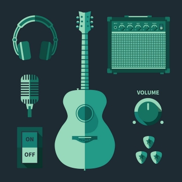 绿色扁平化风格吉他耳机话筒等乐器音乐器材图片免抠素材