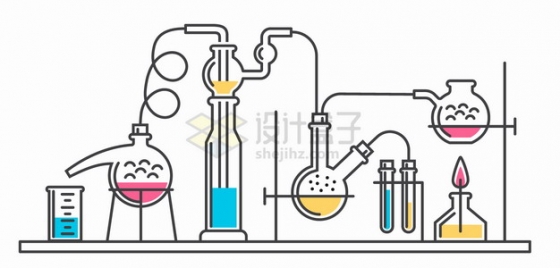 酒精灯烧杯蒸馏烧瓶等化学实验仪器手绘线条插画png图片素材