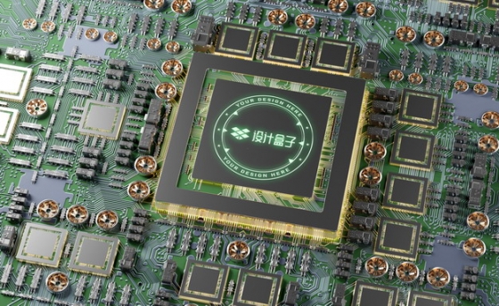 逼真的科技风格的集成电路芯片CPU表面发光图案psd样机图片模板素材