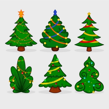 6款手绘风格绿色的圣诞节圣诞树图片免抠矢量素材
