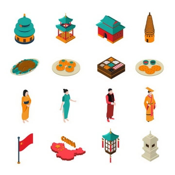 16款2.5D风格地标建筑传统美食民族服饰等中国旅游图标图片免抠素材