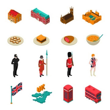 16款2.5D风格地标建筑传统美食民族服饰等英国旅游图标图片免抠素材