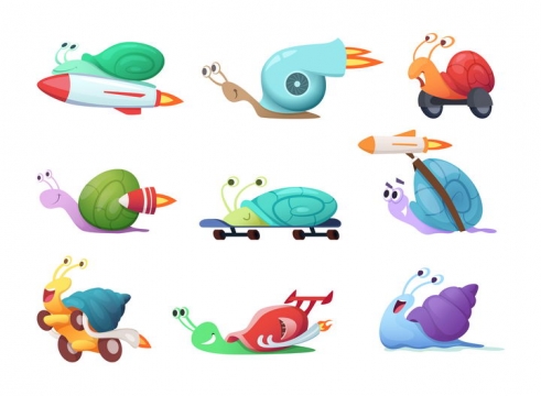 9种可爱的蜗牛坐火箭高速飞行的卡通蜗牛图片免抠矢量素材
