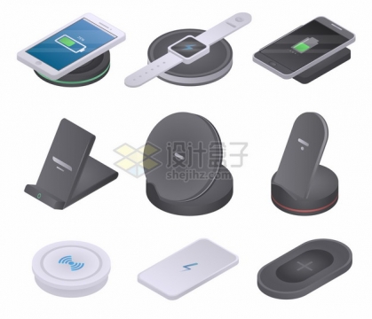 9款不同的手机和智能手表无线充电器使用示意图png图片素材