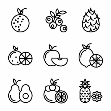 9款黑色线条风格的柚子菠萝橙子苹果柠檬山竹等美味水果图标png图片免抠EPS矢量素材