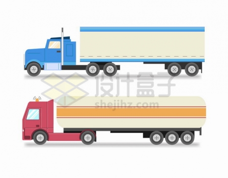 2款蓝色红色涂装的厢式货车和油罐车大卡车侧视图png图片素材